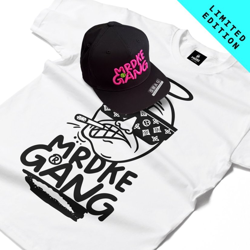 Triko Mrdke Gang white snapback black purple LIMITED EDITION - Velikost: XL